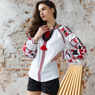 White Linen Embroidered Blouse with Geometric Motif "Romby"