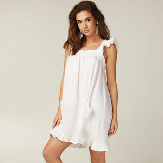 White linen frilled mini dress
