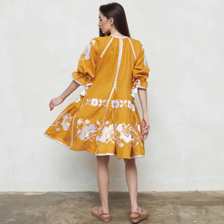 Back view yellow linen embroidered dress