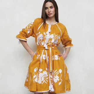 Linen dress with floral embroidery