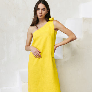 Yellow linen one shoulder dress