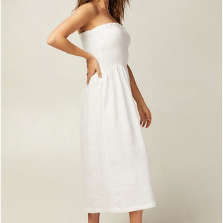 Side view white linen strapless dress