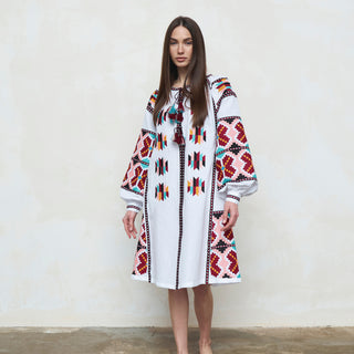 White linen embroidered kaftan dress