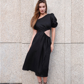 Black linen midi dress with side cut out detals