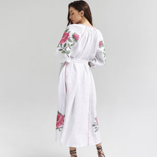 Back view with the belt white linen embroidered dress