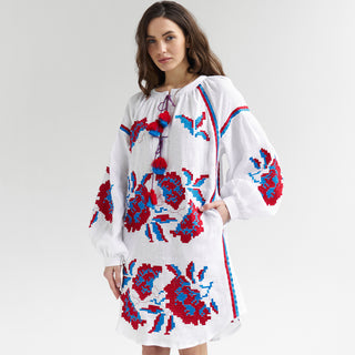 White linen embroidered caftan dress