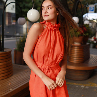 Orange linen maxi dress halter neck details