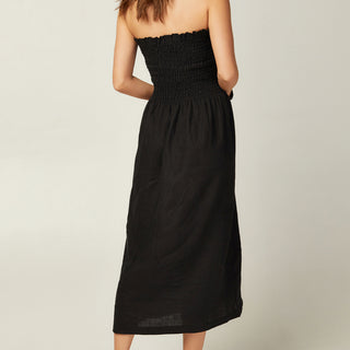 Back view black linen strapless dress