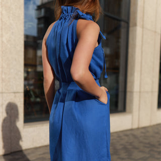 Back view blue linen maxi dress