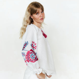Side view white linen embroidered shirt