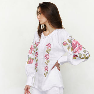 White linen Vyshyvanka shirt with floral embroidery