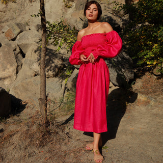 Off the shoulder linen fuchsia dress