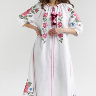 White linen embroidered midi dress