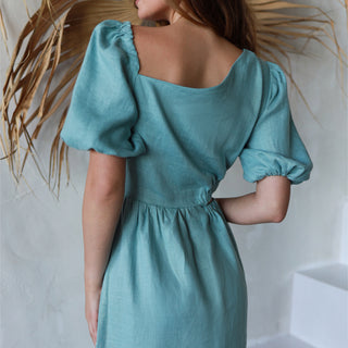 Back view asymmetric linen dress in cyan