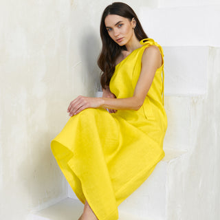 Bright yellow flax linen one shoulder maxi