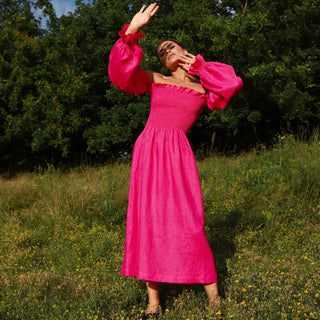 Fuchsia linen midi off the shoulder dress