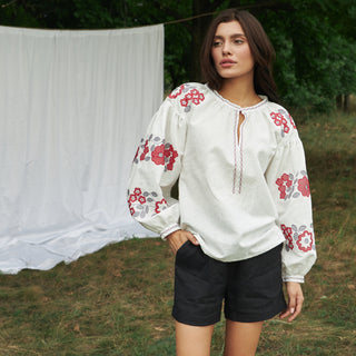 White linen Ukrainian embroidered women top