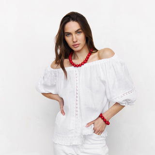 White linen off the shoulder top with linen details