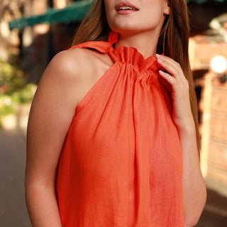 Halter neck details orange linen maxi dress