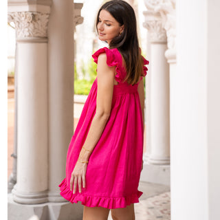 side view linen frilled sundress in fuchsia