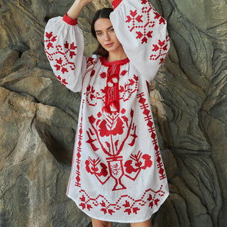 White linen embroidered kaftan dress