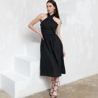 Black linen midi dress with halterneck