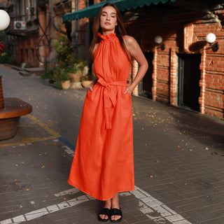 Orange linen halter neck maxi dress