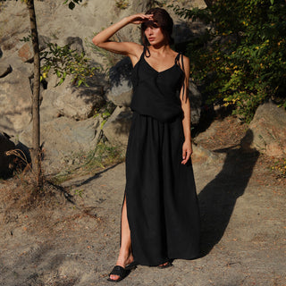 Black flax linen maxi skirt