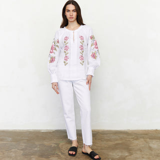 White linen long sleeve shirt with floral embroidery