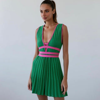 Bright green and pink cotton knitted mini dress