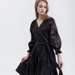 Black linen embroidered wrap dress