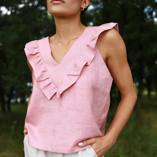 Linen frilled top in dusty pink