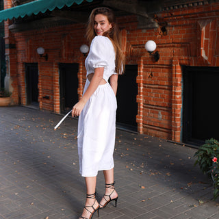 Side view white linen midi dress