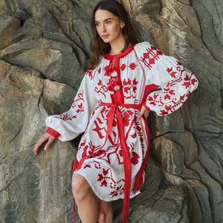 White linen embroidered kaftan dress