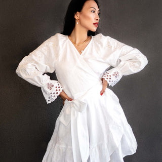 White linen embroidered wrap dress