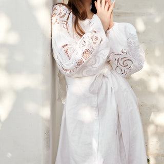 Sleeve details white linen embroidered dress with cutwork