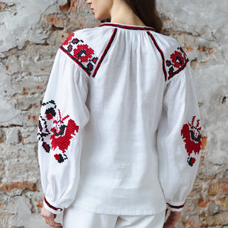 Back view white linen embroidered shirt