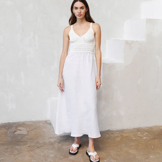 White linen sleeveless midi dress with cotton knitted top