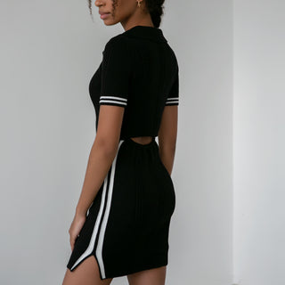 Black cotton knitted polo dress with striped details