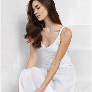 White linen sundress with cotton knitted top