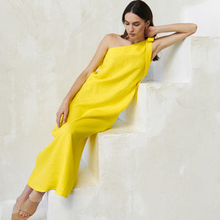 Bright yellow summer one shoulder linen maxi dress