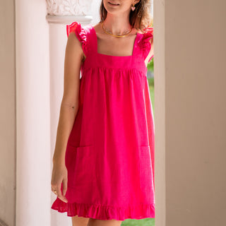 Linen frilled mini sundress in fuchsia Casablanca