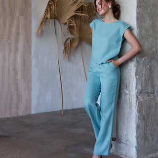Cyan linen minimalist top