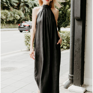 Linen sleeveless maxi dress in black