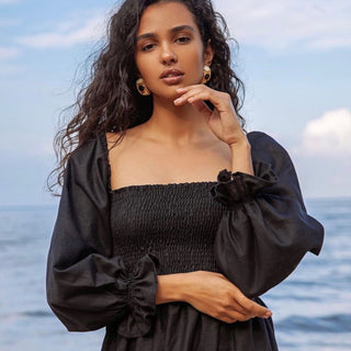 Linen black dress with lush off the shoulder sleeves