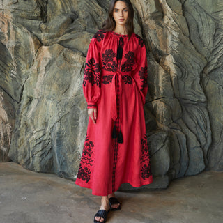Fuchsia linen embroidered maxi dress