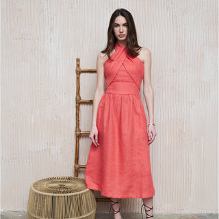 Coral pink summer linen crossover dress