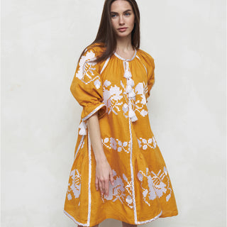 Yellow linen dress with floral embroidery