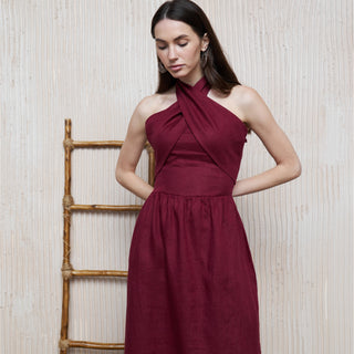 Dark red dark red linen sleeveless midi dress