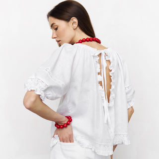 Back cut out details white linen summer blouse